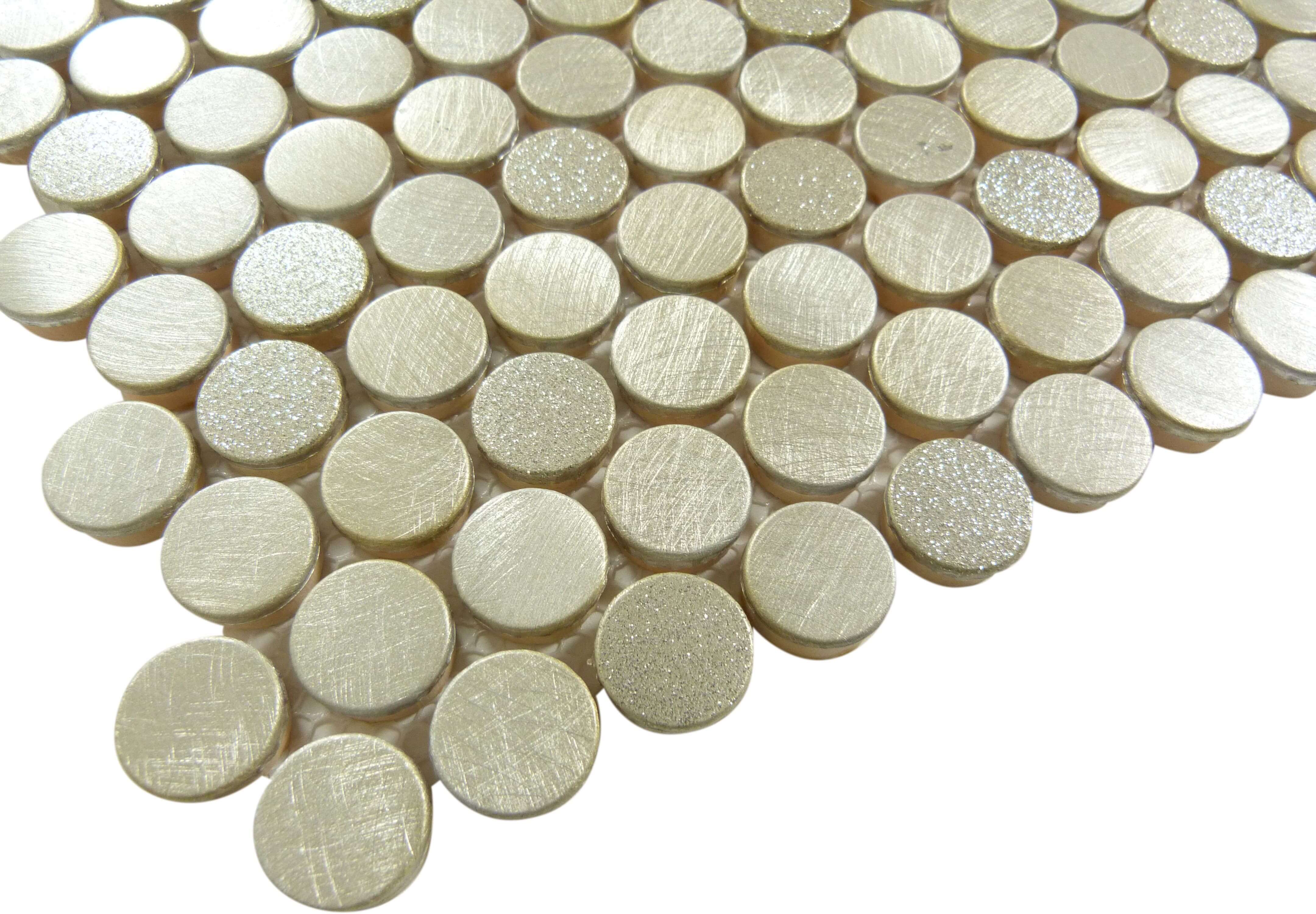 Urban Jungle Thunderburst Gold 3/4" Penny Round Brushed Metal Tile Euro Glass