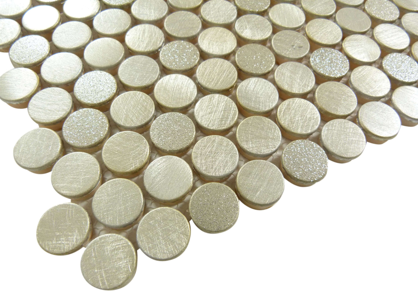 Urban Jungle Thunderburst Gold 3/4" Penny Round Brushed Metal Tile Euro Glass