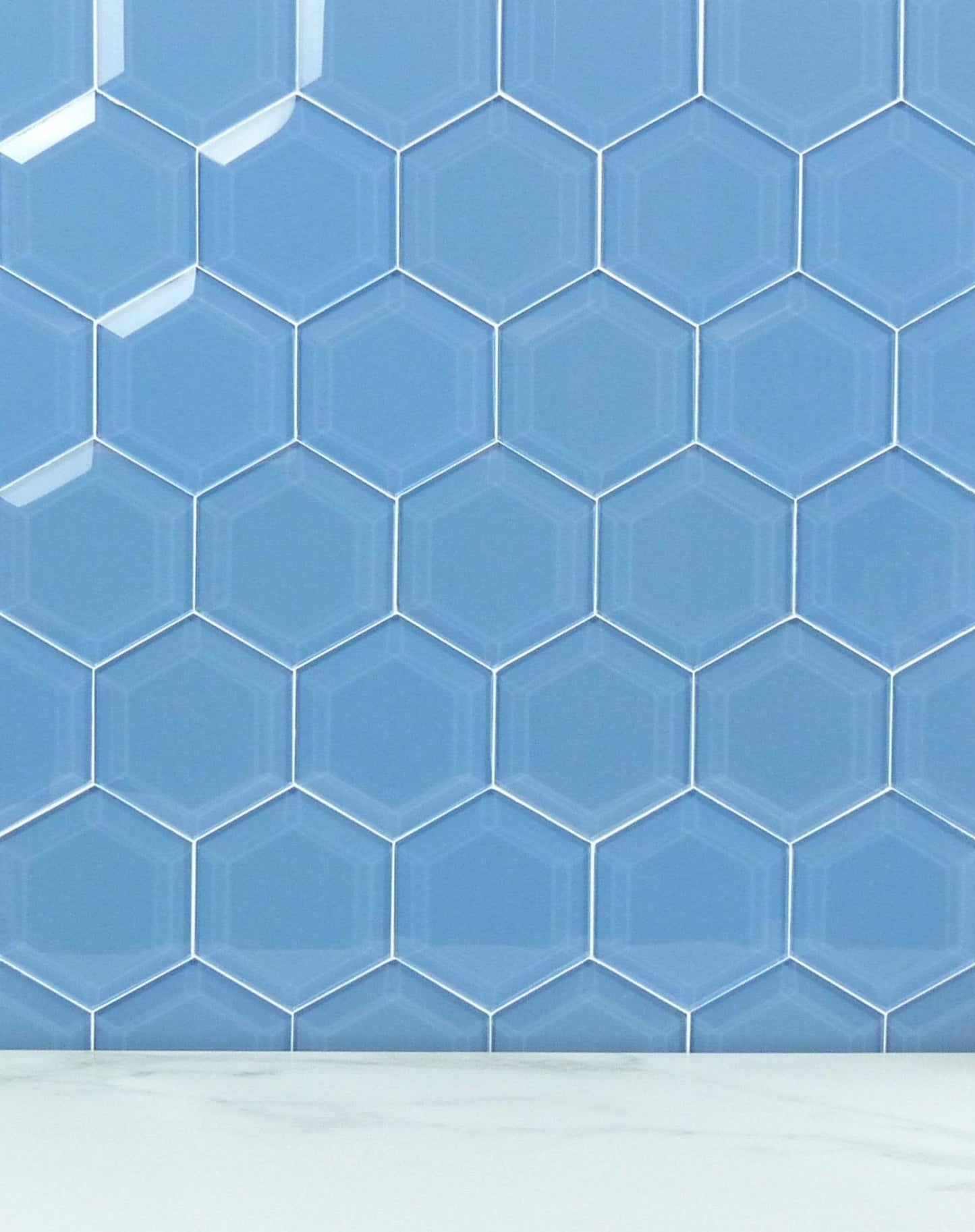 Walden Pond Blue 4" Beveled Hexagon Glossy Glass Tile Euro Glass