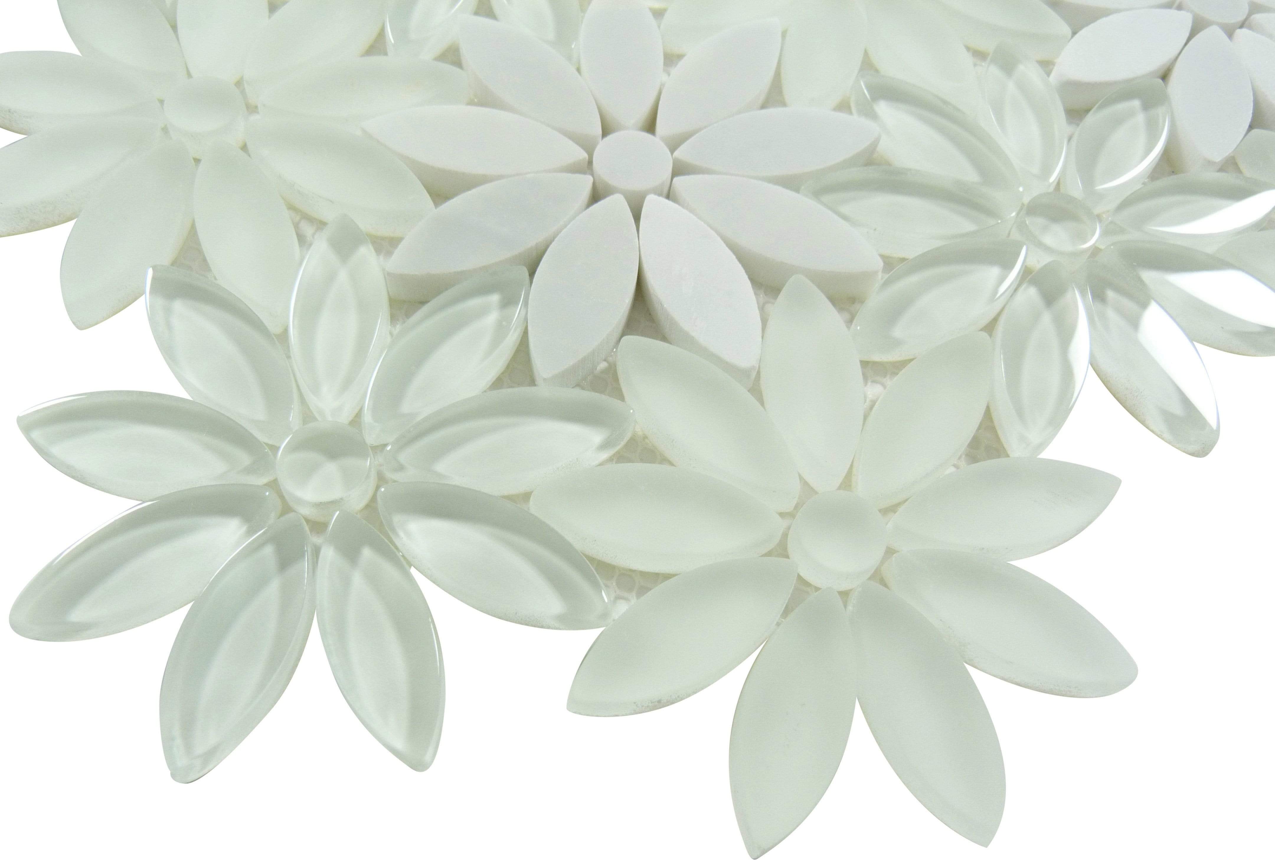 Daisy Field White Glass & Stone Mosaic Tile Euro Glass