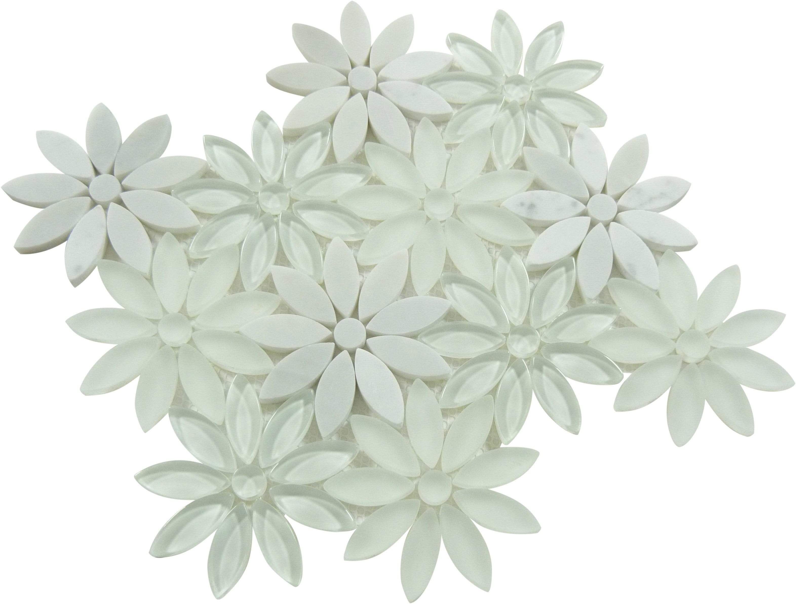 Daisy Field White Glass & Stone Mosaic Tile Euro Glass