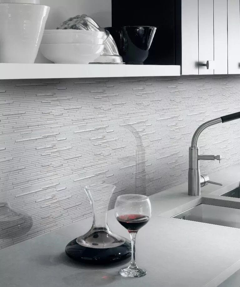 White Shadow White Random Bricks Glass and Metal Glossy and Frosted Tile Horizon Tile