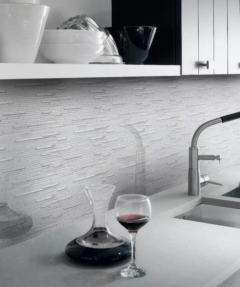 White Shadow White Random Bricks Glass and Metal Glossy and Frosted Tile Horizon Tile