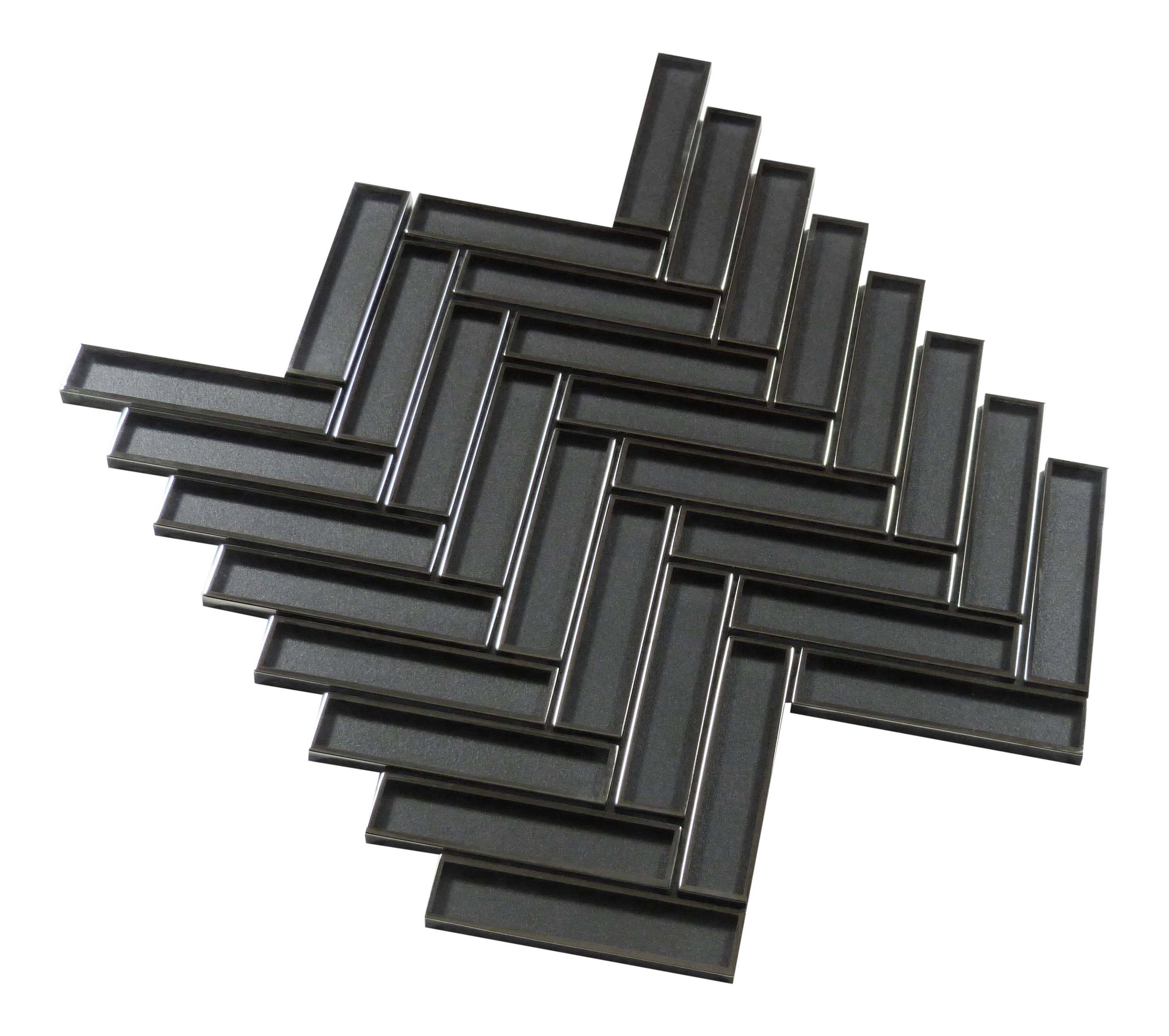 Castle Fort Gunmetal Grey Herringbone Glossy Glass Tile Matrix Mosaics