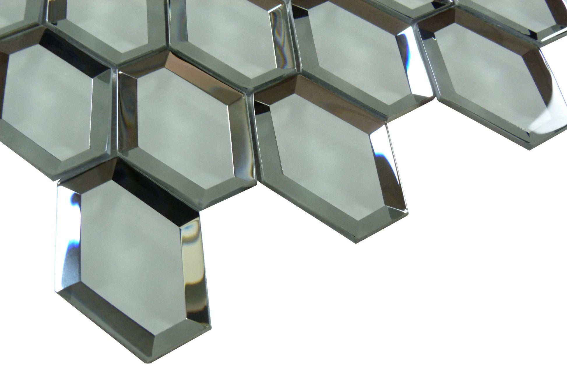 Winter Chill Silver Inverted Beveled Hexagon Glossy Glass Tile Millenium Products