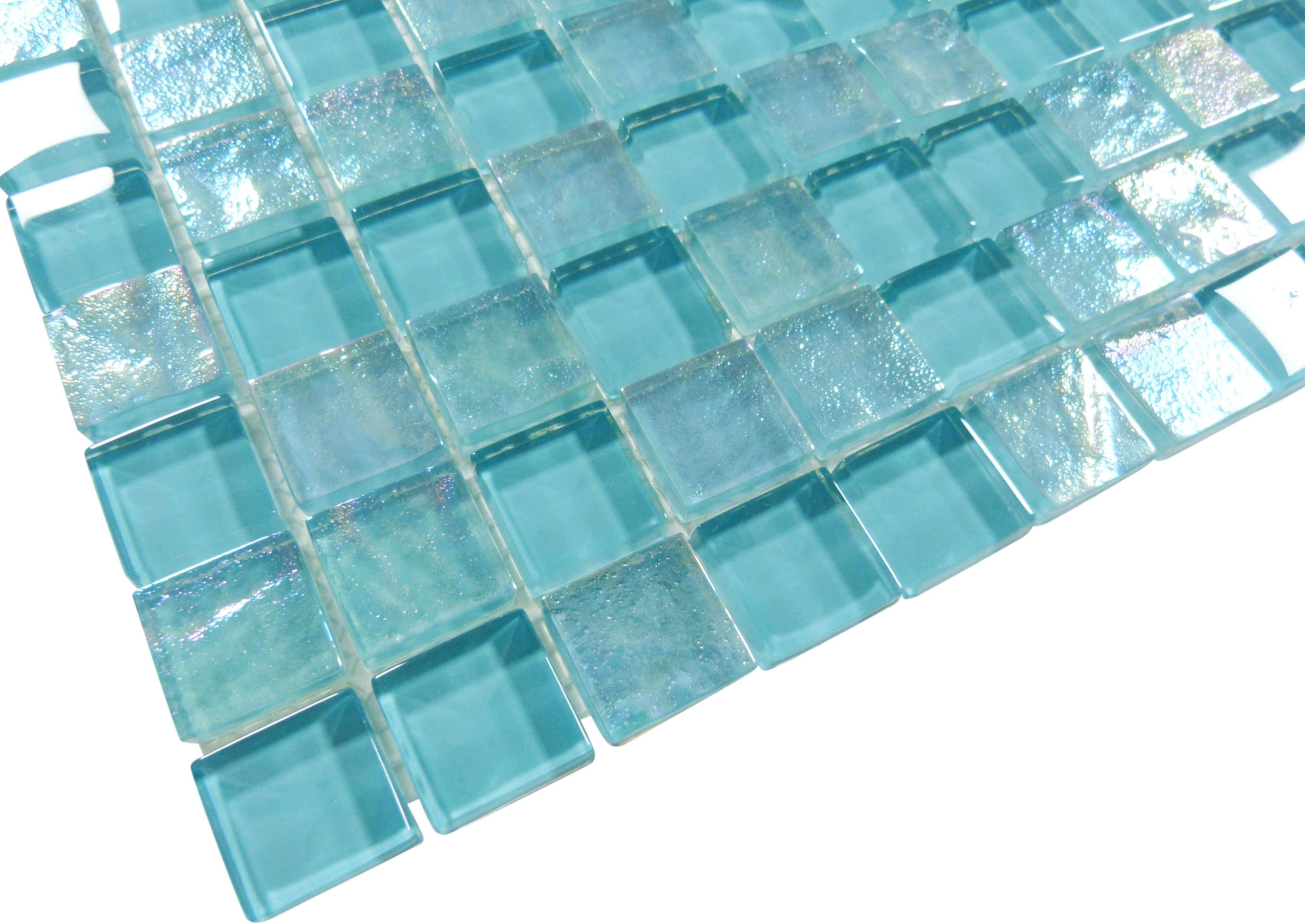 Oceanic Aqua 1'' x 1'' Glossy & Iridescent Glass Pool Tile Ocean Pool Mosaics