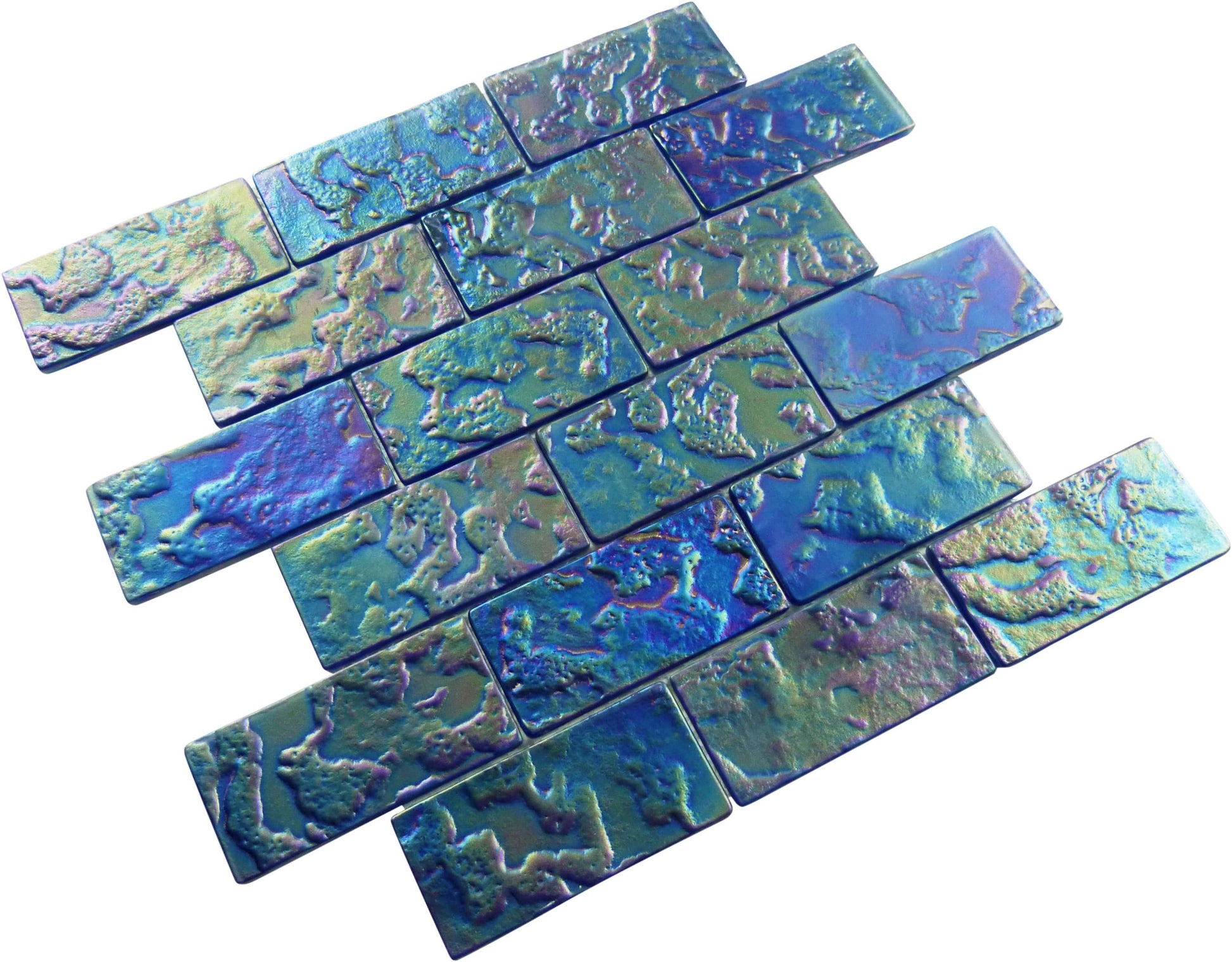 Blue Patina 2" x 4" Iridescent Rippled Frosted Glass Subway Pool Tile Ocean Pool Mosaics