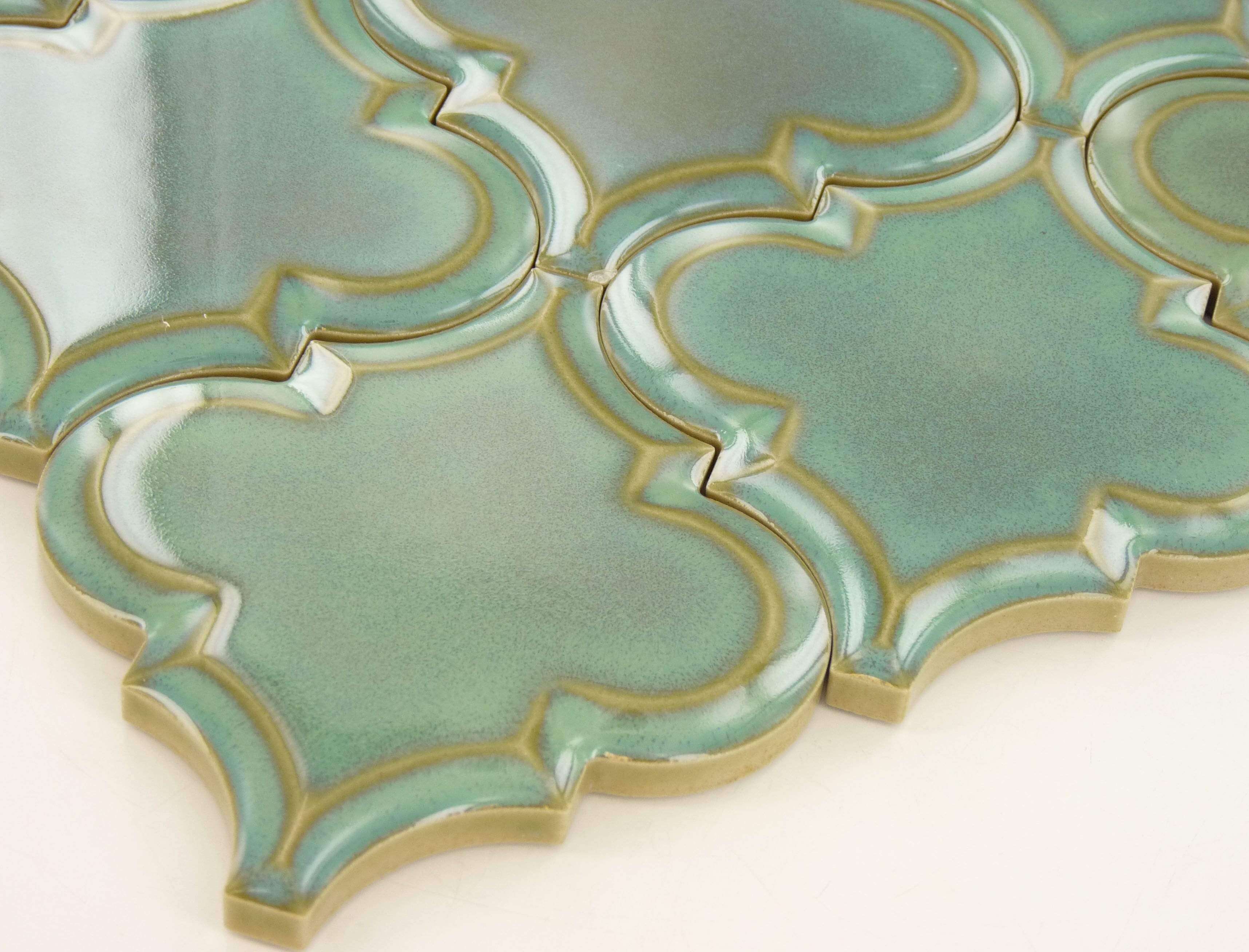 Shore Arabesque Beveled Green Glossy Porcelain Tile Regency