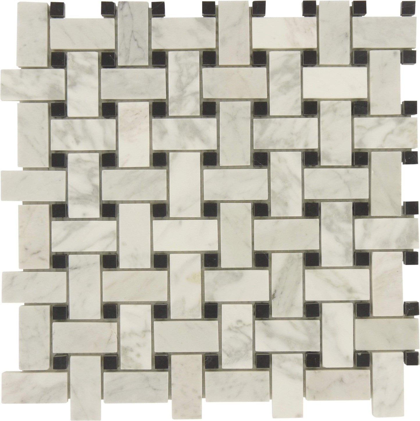 Basketweave White Carrara and Black Marquina Polished Stone Tile Tuscan Glass