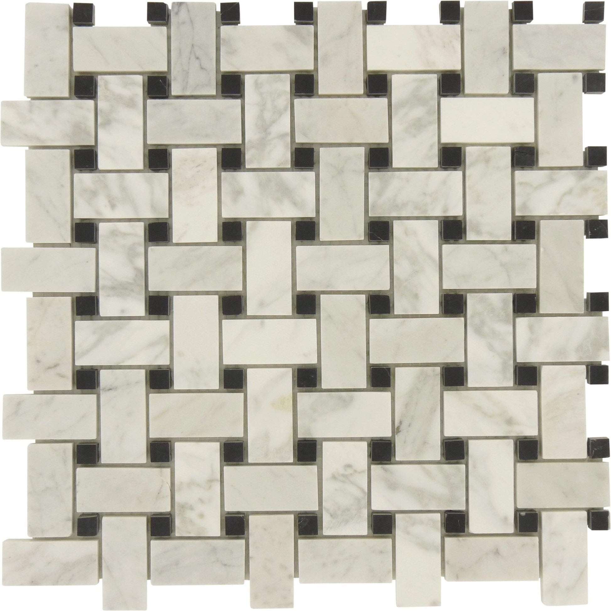 Basketweave White Carrara and Black Marquina Polished Stone Tile Tuscan Glass