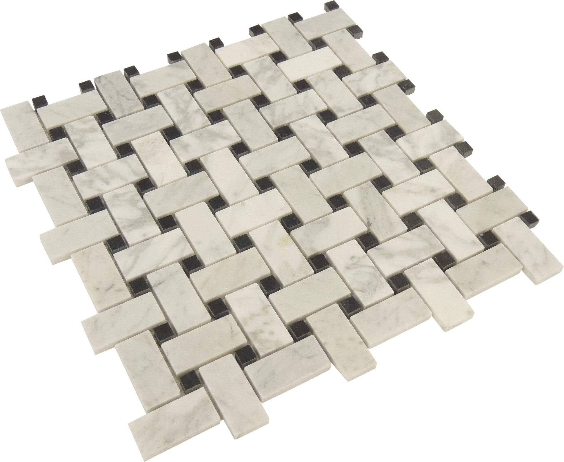 Basketweave White Carrara and Black Marquina Polished Stone Tile Tuscan Glass