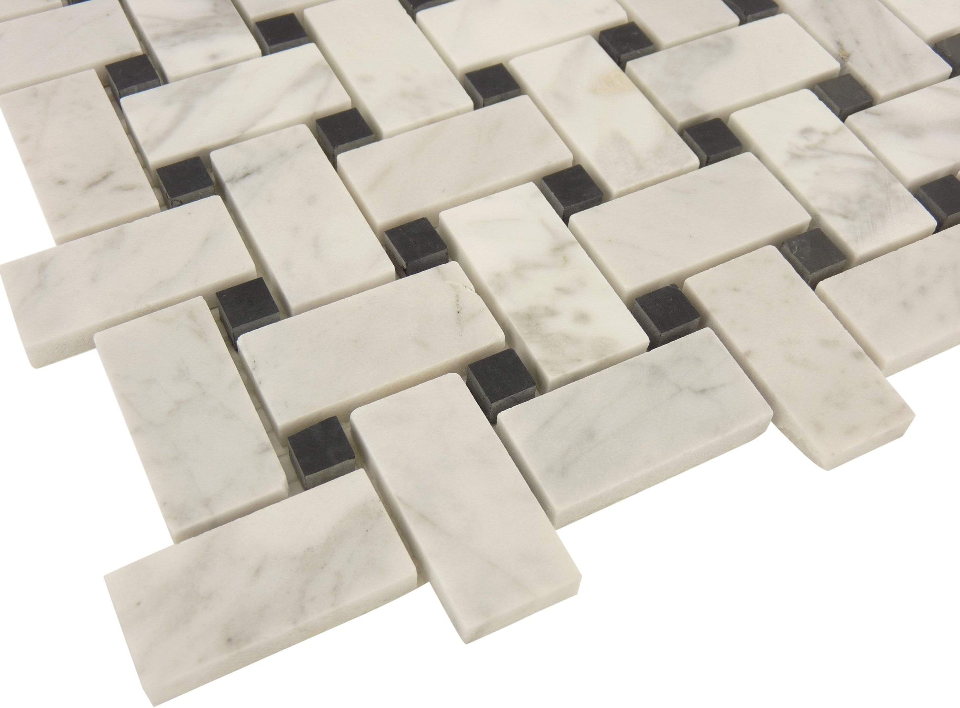 Basketweave White Carrara and Black Marquina Polished Stone Tile Tuscan Glass