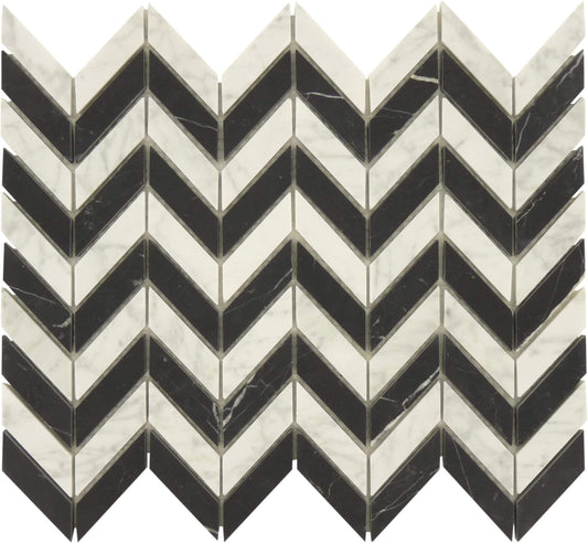 Contrast Wave Black Marquina and White Carrara Polished Stone Tile Tuscan Glass