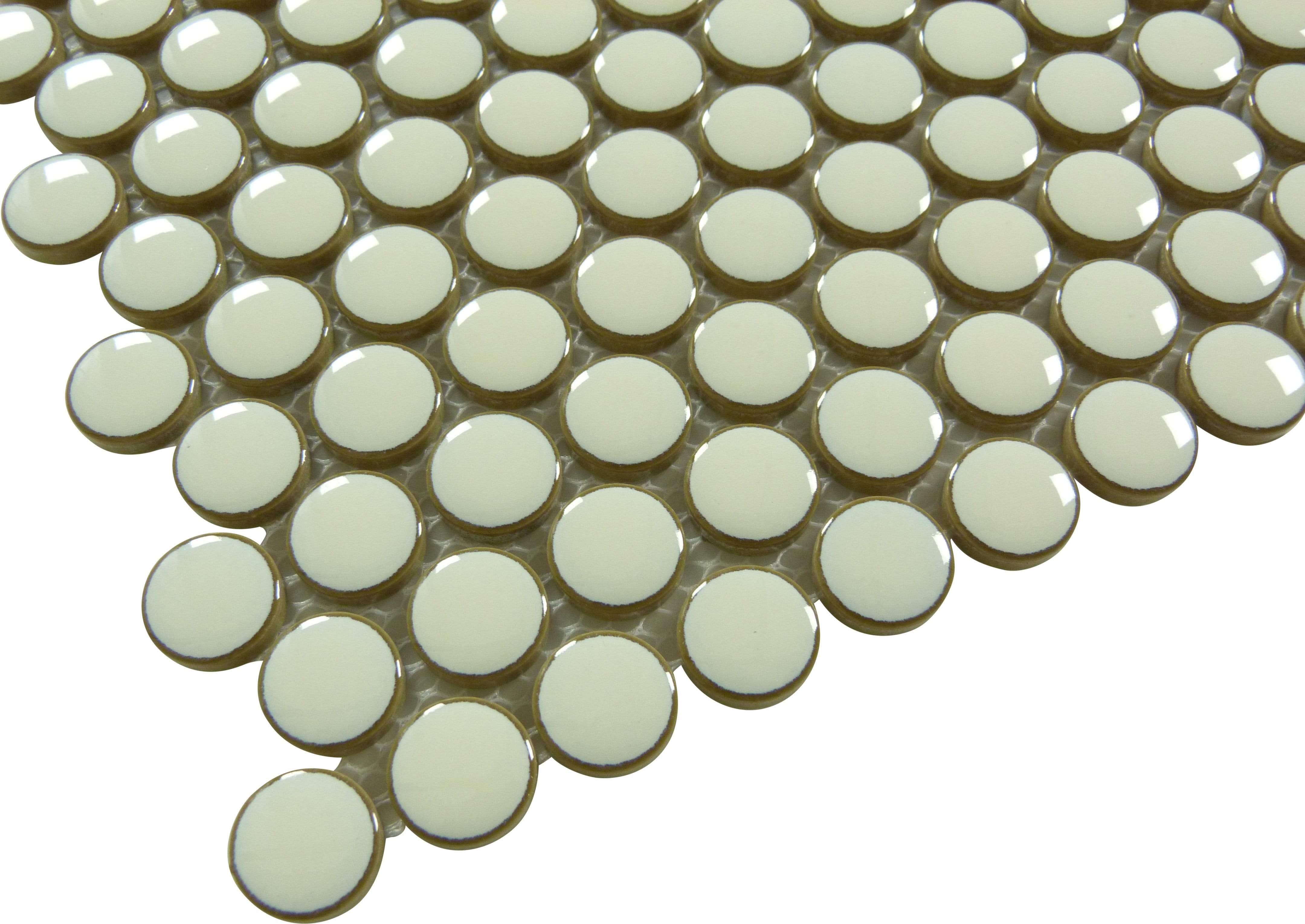 Creamy White Penny Circle Round Glossy Porcelain Tile Tuscan Glass