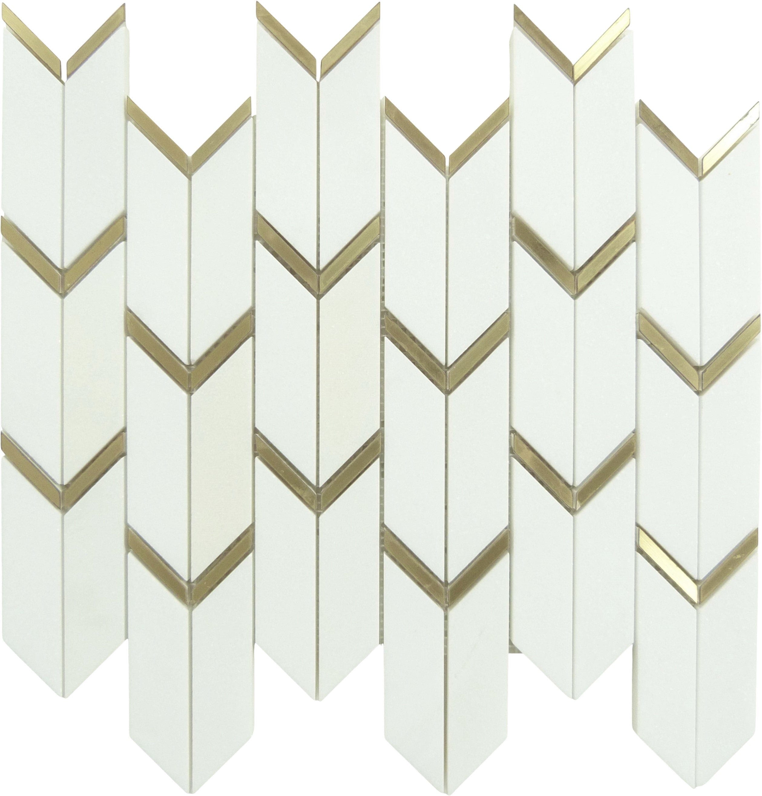 Dolomite White Marble and Gold Metal Chevron Stone Tile Tuscan Glass