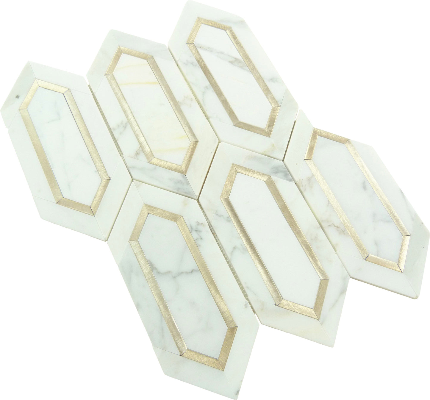 Elongated Hexagon Carrara and Gold Metal Tile Tuscan Glass