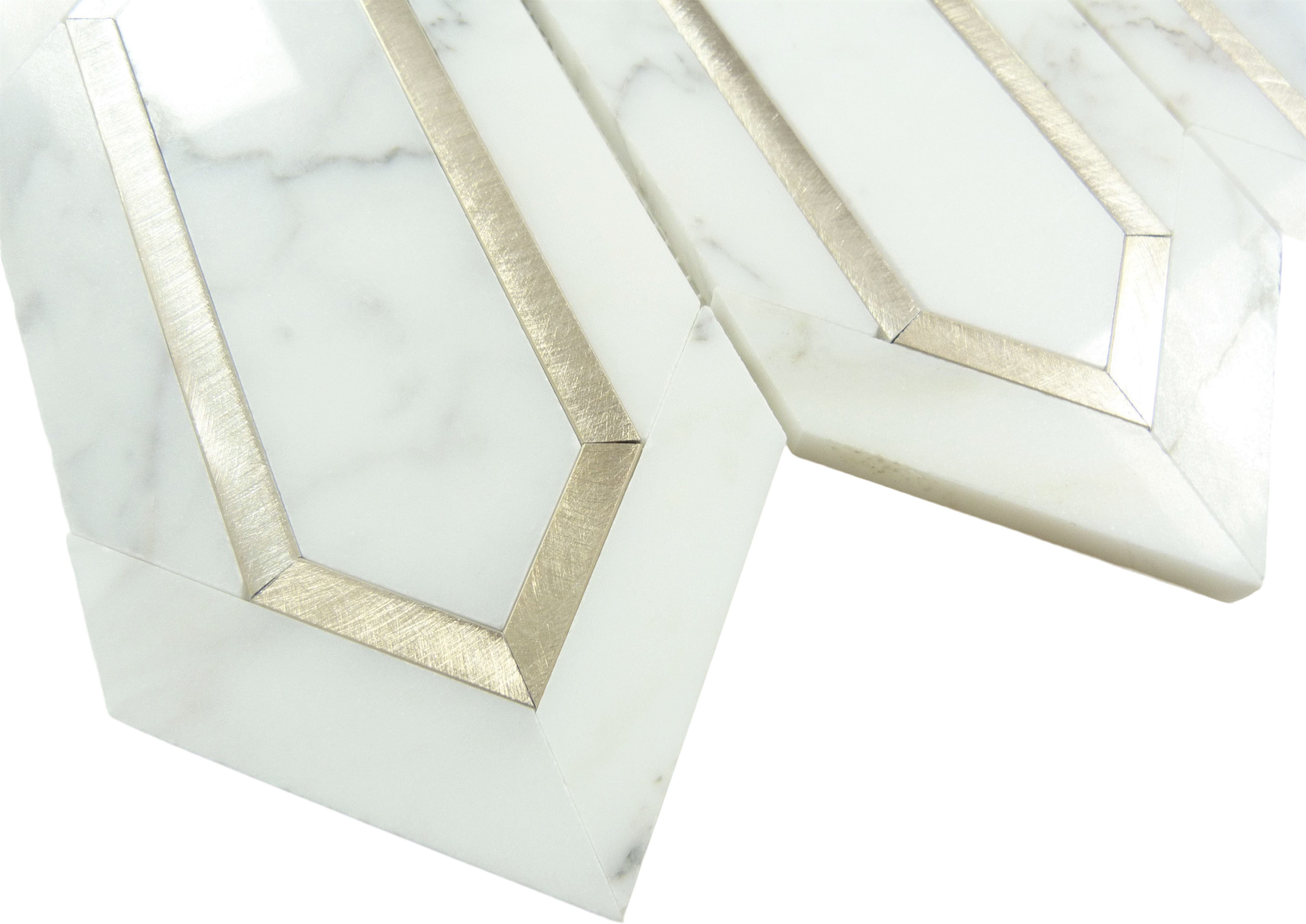 Elongated Hexagon Carrara and Gold Metal Tile Tuscan Glass