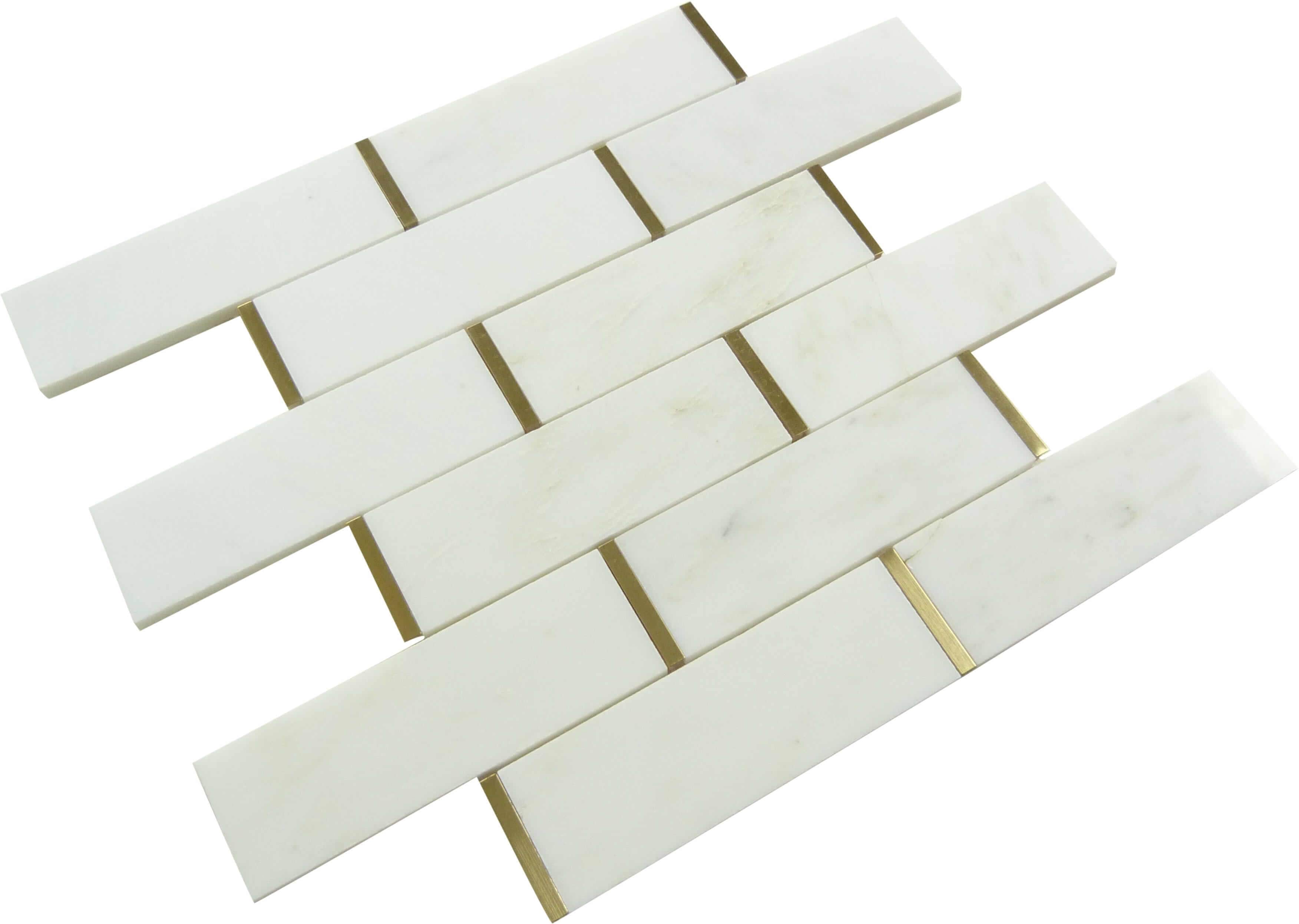 Natural Bianco White and Gold Metal Brick Subway Stone Tile Tuscan Glass