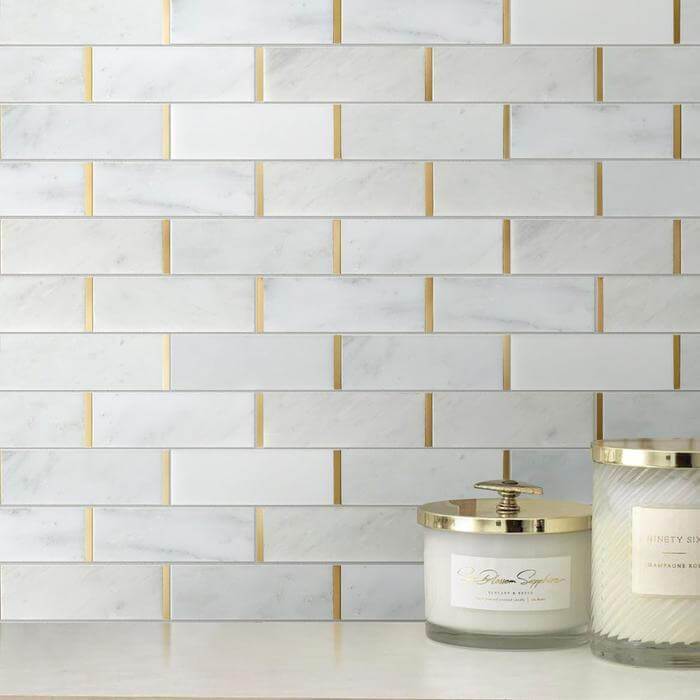 Natural Bianco White and Gold Metal Brick Subway Stone Tile Tuscan Glass