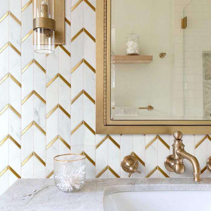 Natural Bianco White and Gold Metal Chevron Stone Tile Tuscan Glass