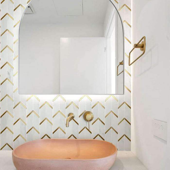 Natural Bianco White and Gold Metal Chevron Stone Tile Tuscan Glass