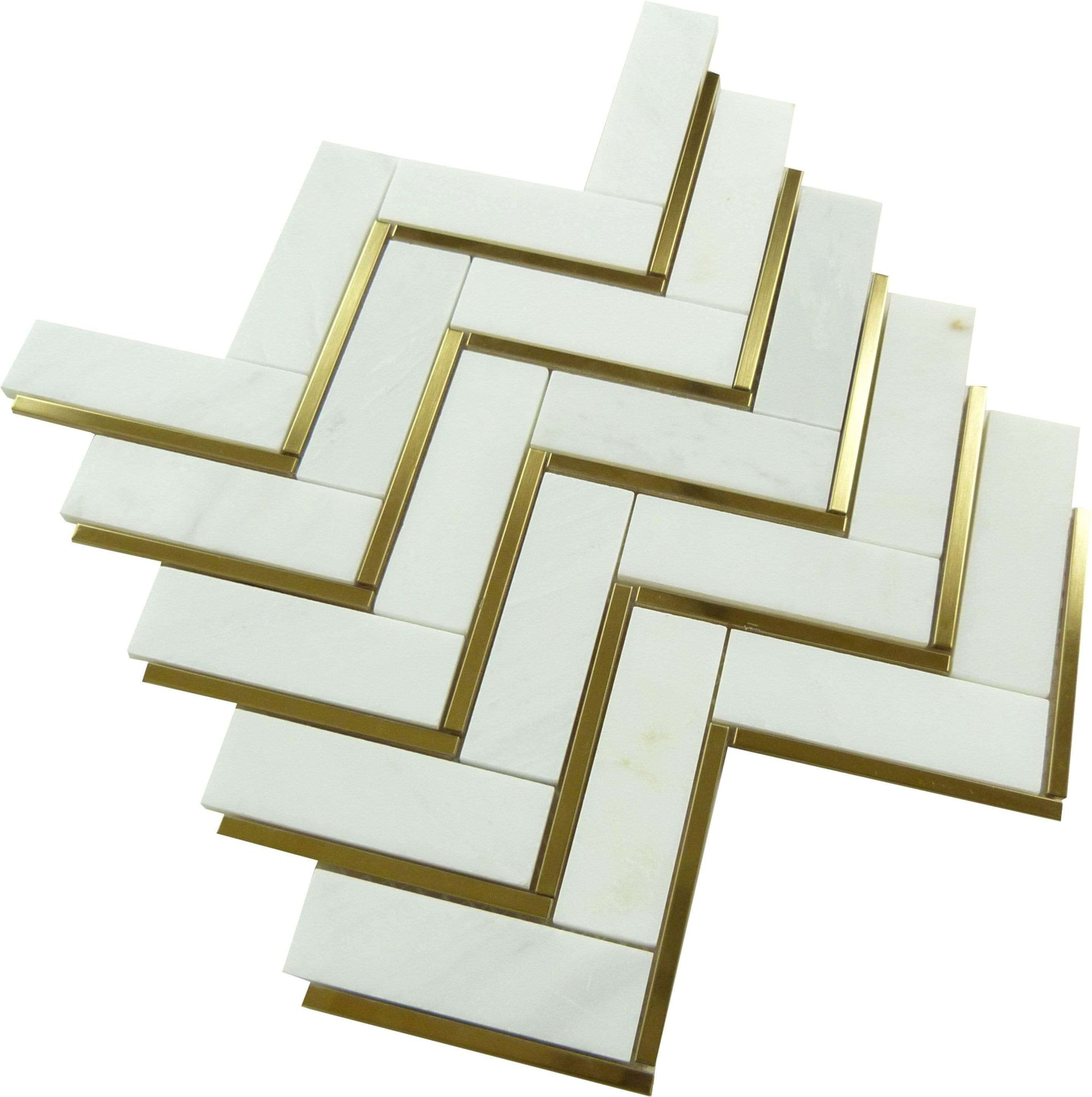 Natural Bianco White and Gold Metal Herringbone Stone Tile Tuscan Glass