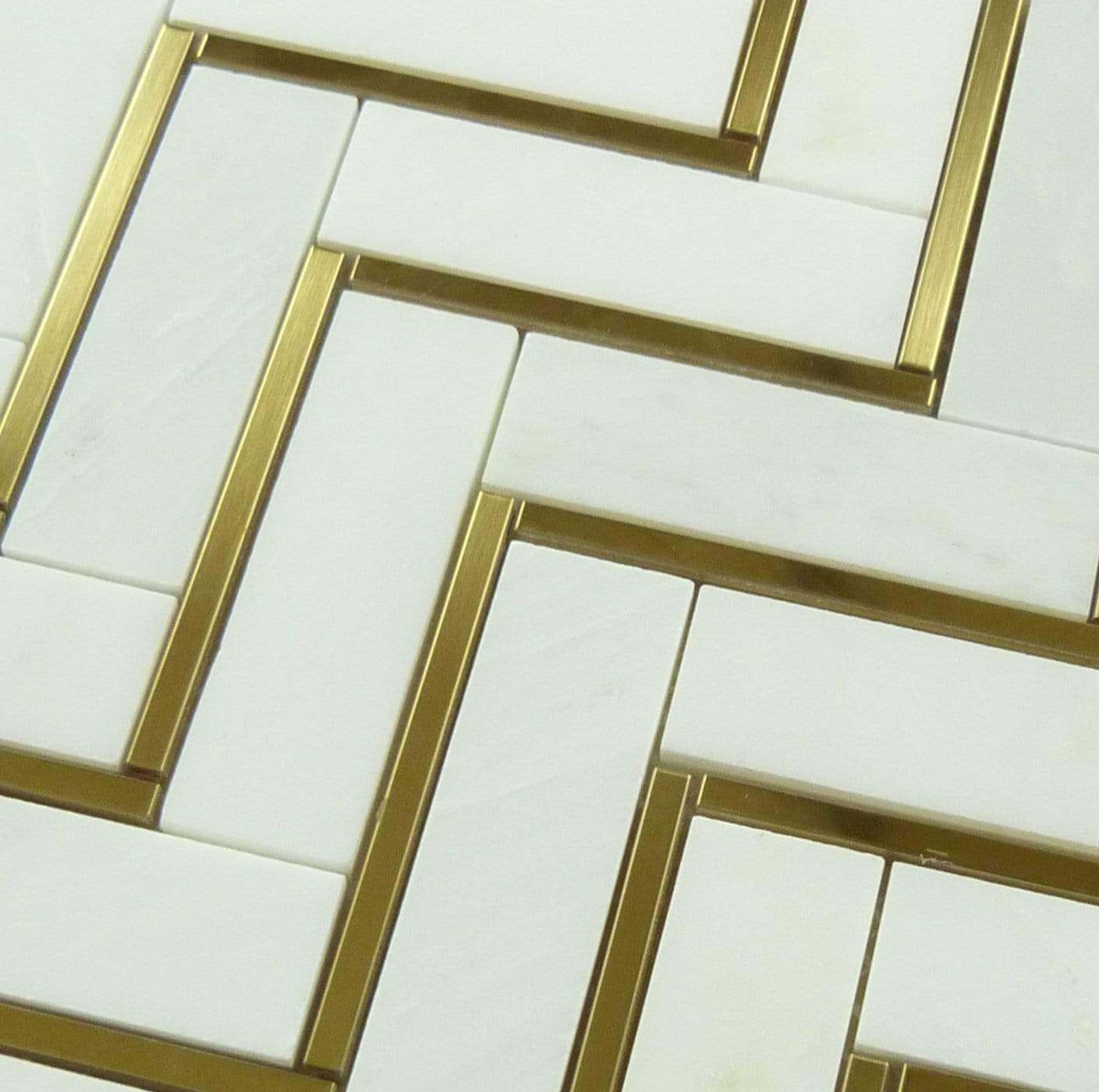 Natural Bianco White and Gold Metal Herringbone Stone Tile Tuscan Glass