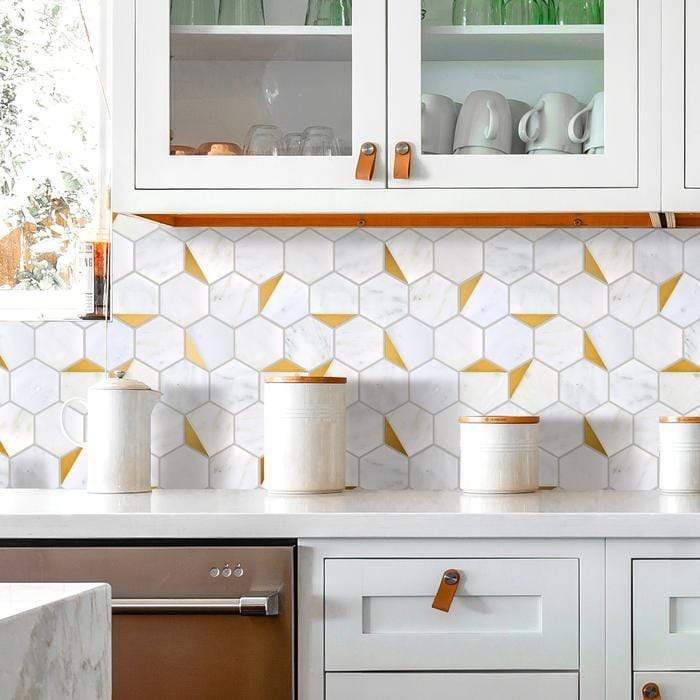 Natural Bianco White and Gold Metal Hexagon Stone Tile Tuscan Glass