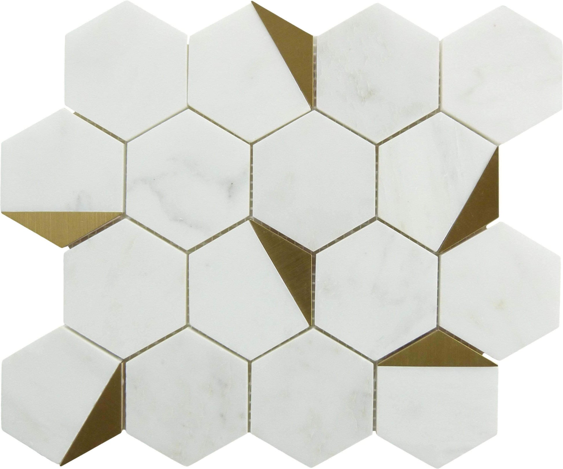 Natural Bianco White and Gold Metal Hexagon Stone Tile Tuscan Glass