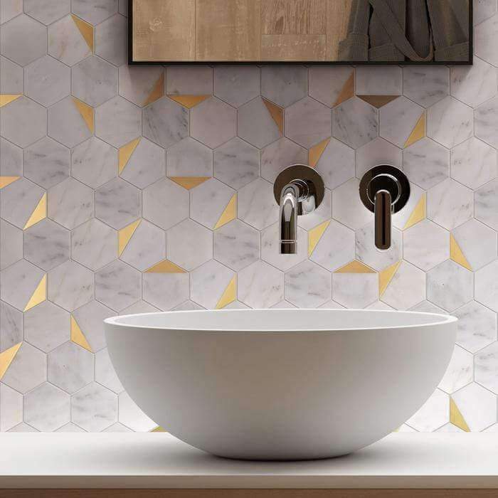 Natural Bianco White and Gold Metal Hexagon Stone Tile Tuscan Glass