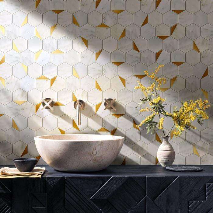 Natural Bianco White and Gold Metal Hexagon Stone Tile Tuscan Glass