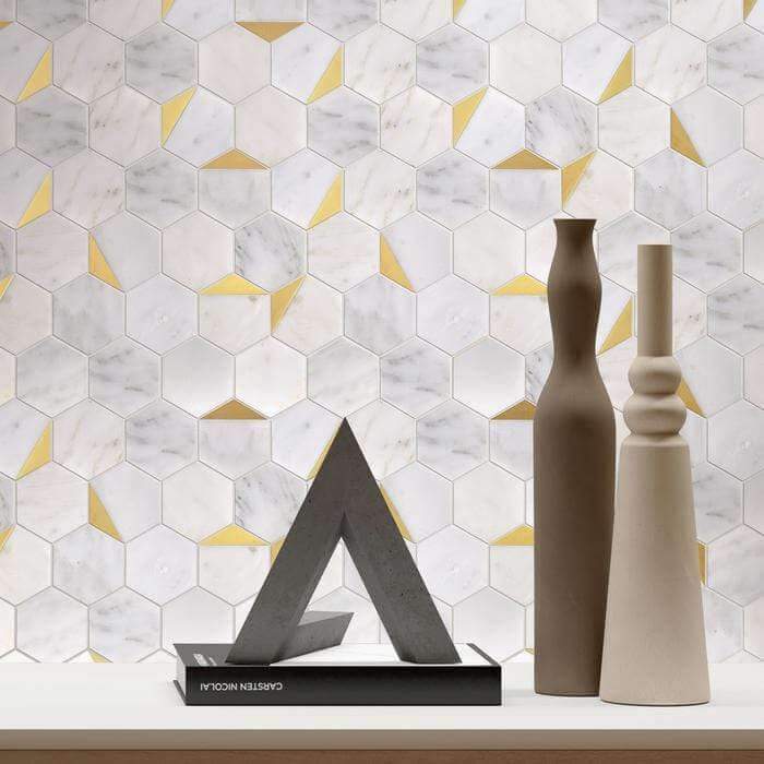 Natural Bianco White and Gold Metal Hexagon Stone Tile Tuscan Glass