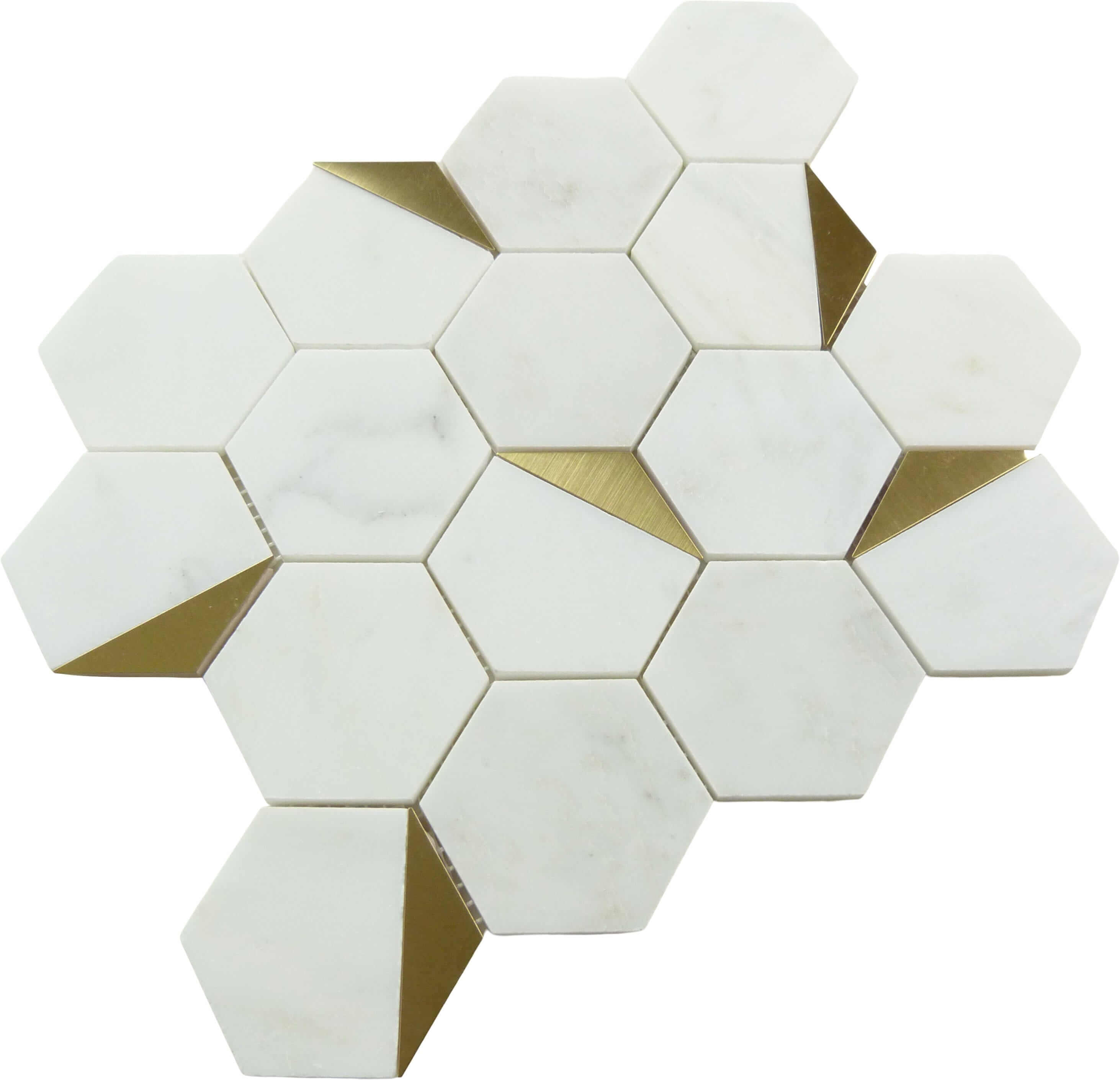 Natural Bianco White and Gold Metal Hexagon Stone Tile Tuscan Glass