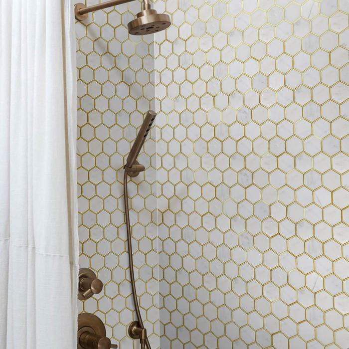 Natural Bianco White and Gold Metal Honeycomb Hexagon Stone Tile Tuscan Glass