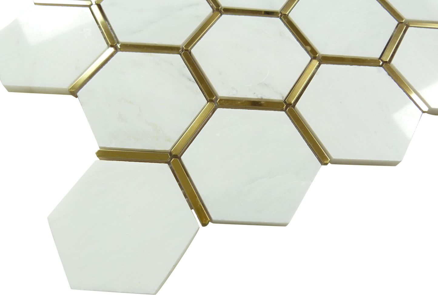 Natural Bianco White and Gold Metal Honeycomb Hexagon Stone Tile Tuscan Glass