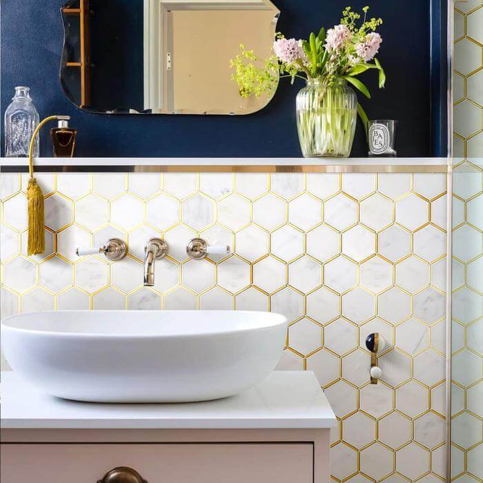 Natural Bianco White and Gold Metal Honeycomb Hexagon Stone Tile Tuscan Glass