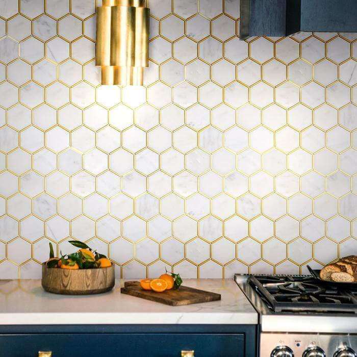 Natural Bianco White and Gold Metal Honeycomb Hexagon Stone Tile Tuscan Glass