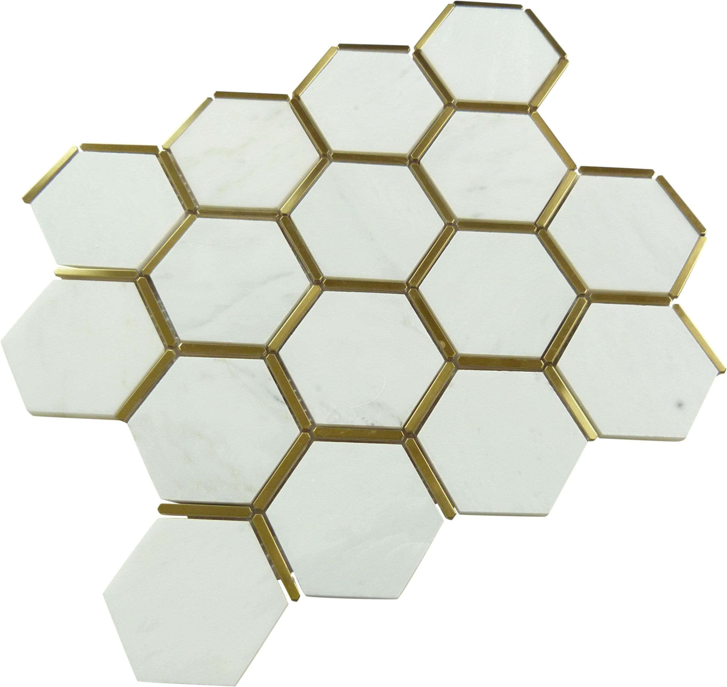 Natural Bianco White and Gold Metal Honeycomb Hexagon Stone Tile Tuscan Glass