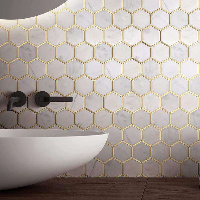 Natural Bianco White and Gold Metal Honeycomb Hexagon Stone Tile Tuscan Glass