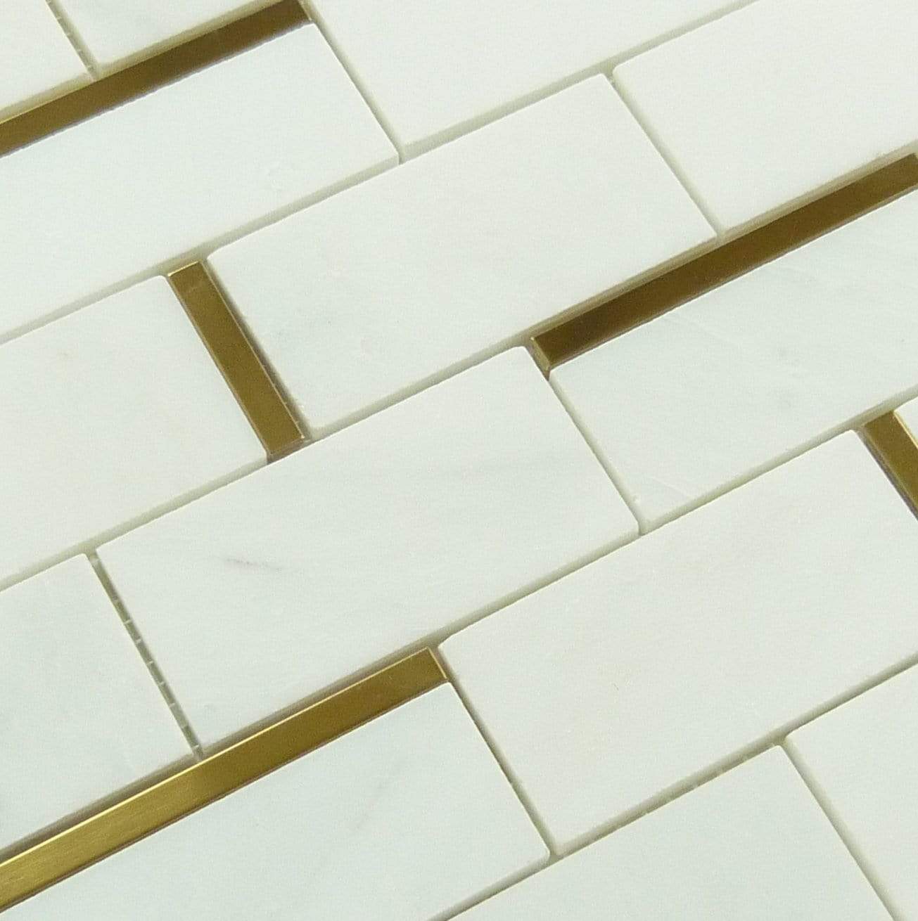 Natural Bianco White and Random Linear Gold Metal Brick Subway Stone Tile Tuscan Glass