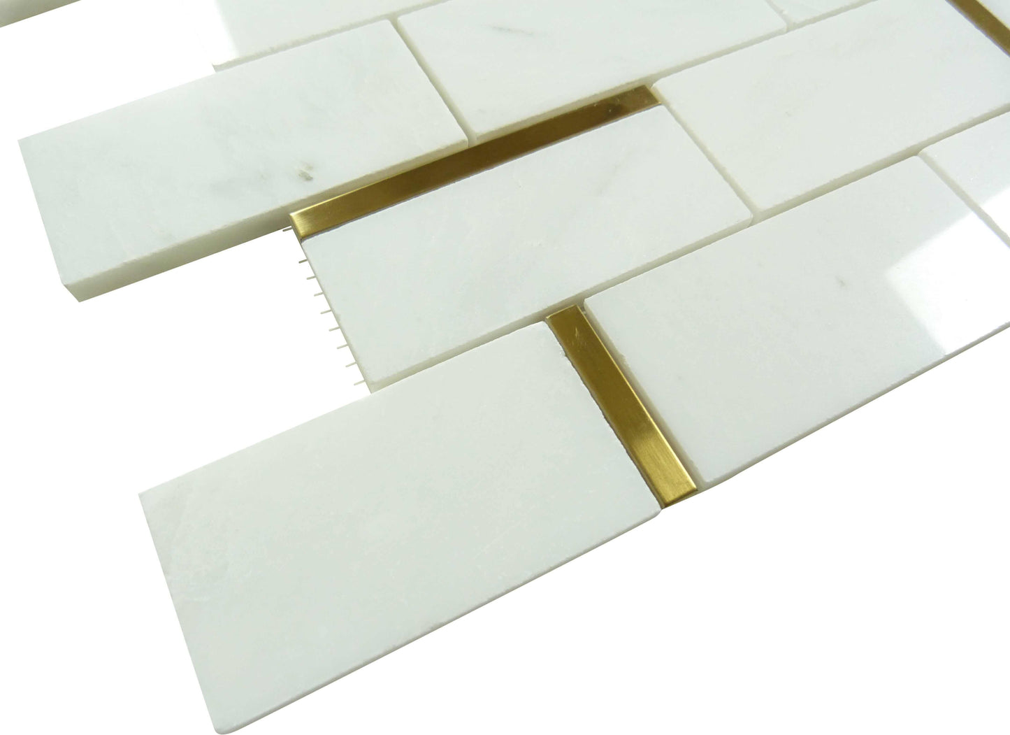 Natural Bianco White and Random Linear Gold Metal Brick Subway Stone Tile Tuscan Glass