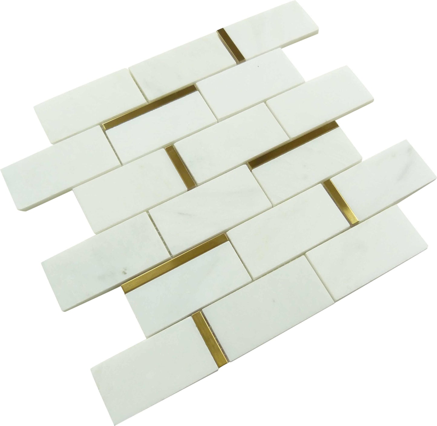 Natural Bianco White and Random Linear Gold Metal Brick Subway Stone Tile Tuscan Glass