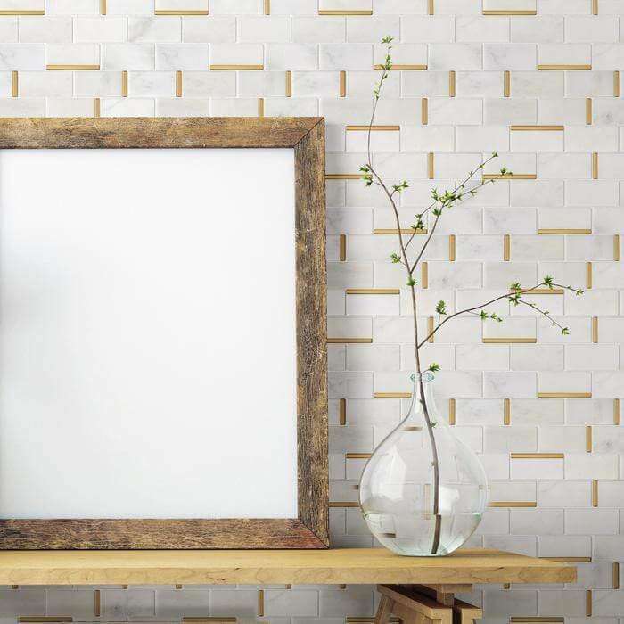 Natural Bianco White and Random Linear Gold Metal Brick Subway Stone Tile Tuscan Glass