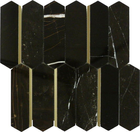 Natural Dorato Micola Black and Gold Metal Picket Hexagon Stone Tile Tuscan Glass