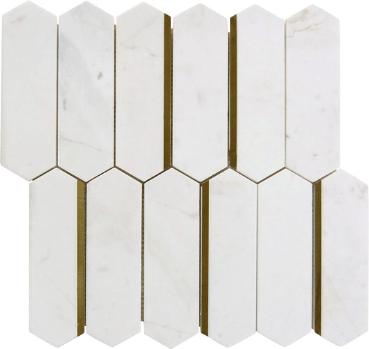 Natural Dorato Micola White and Gold Metal Picket Hexagon Stone Tile Tuscan Glass