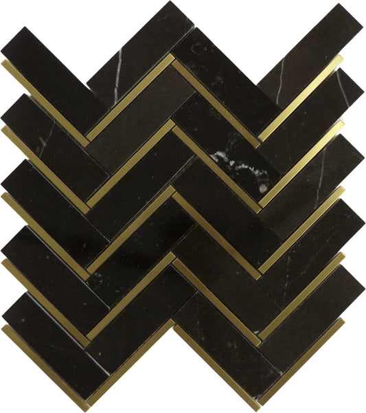 Natural Nero Black and Gold Metal Herringbone Stone Tile Tuscan Glass