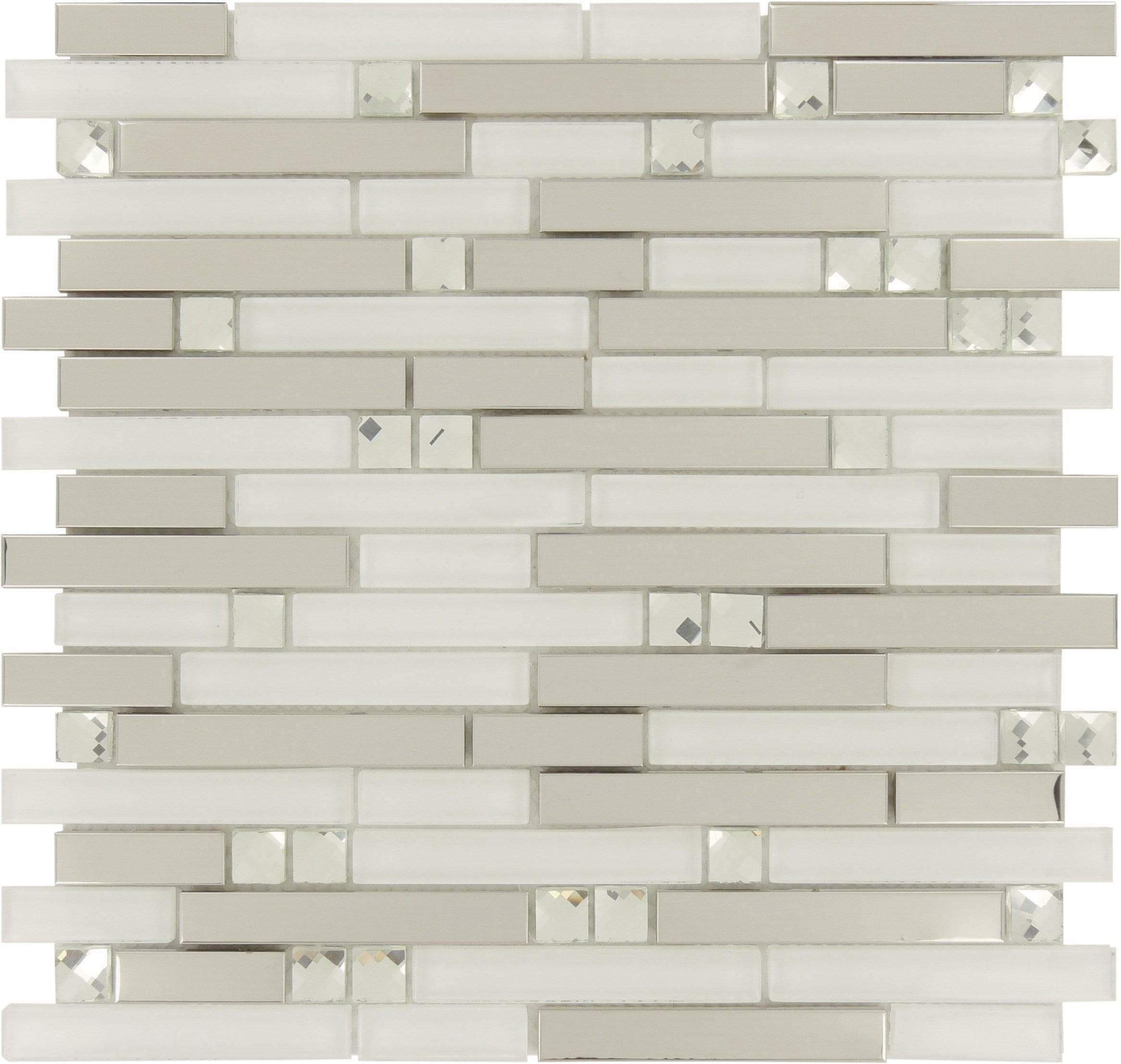 Diamond White Random Bricks Glass and Metal Glossy Tile Tuscan Glass