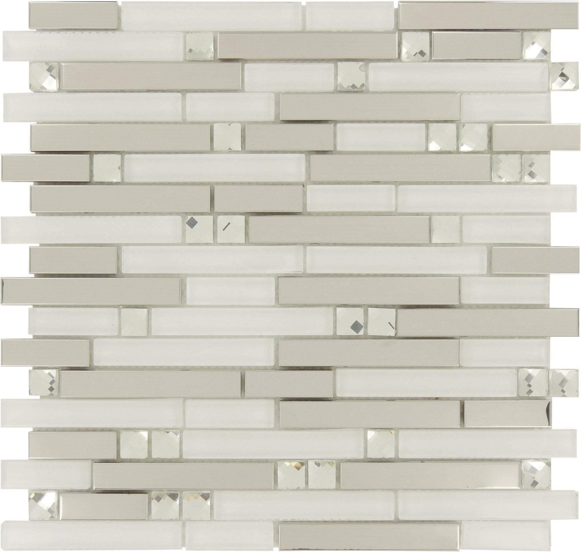 Diamond White Random Bricks Glass and Metal Glossy Tile Tuscan Glass