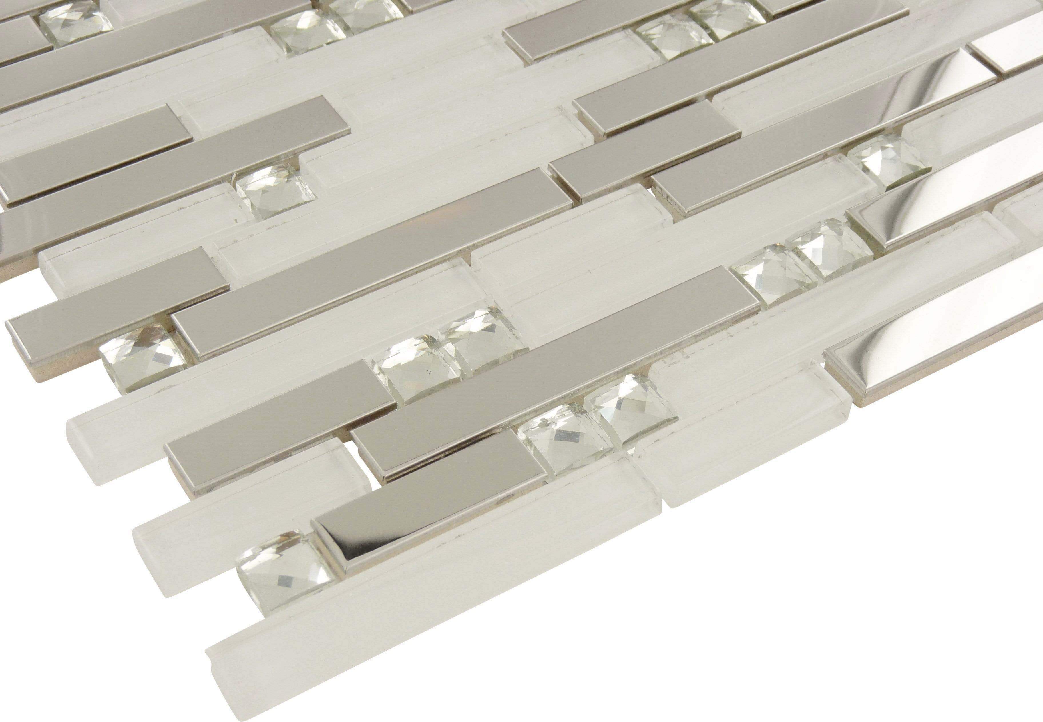 Diamond White Random Bricks Glass and Metal Glossy Tile Tuscan Glass