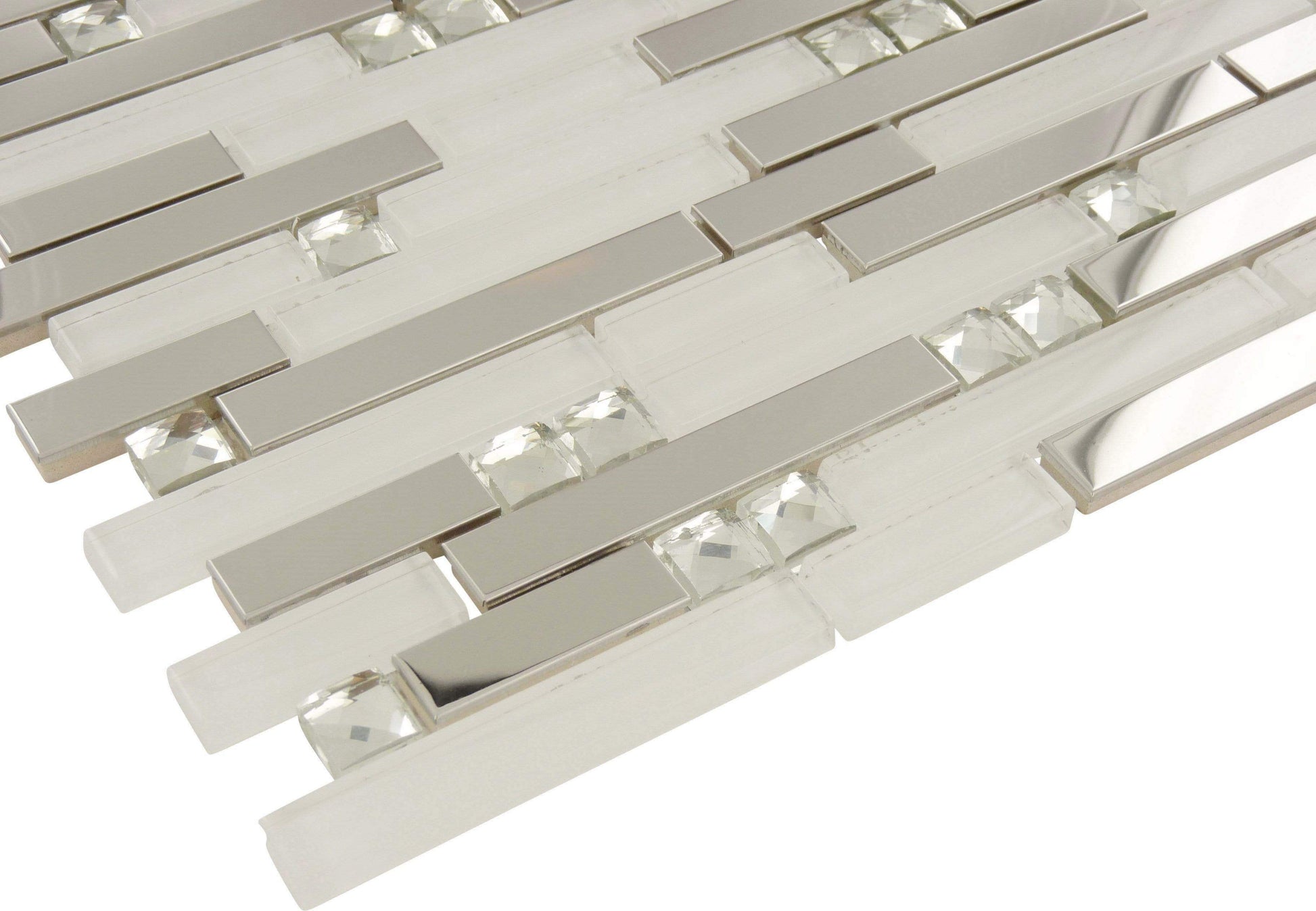 Diamond White Random Bricks Glass and Metal Glossy Tile Tuscan Glass